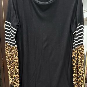 Boutique Black Top with Striped and Leopard Sleeves